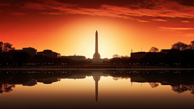 Sunrise in Washington DC silhouetted monuments photo