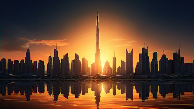 Dubai city buildings profile at sunset in the United Arab Emirates photo