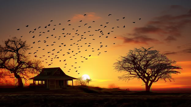 Trees and home outline with birds in sunset sky creating a peaceful nature atmosphere photo