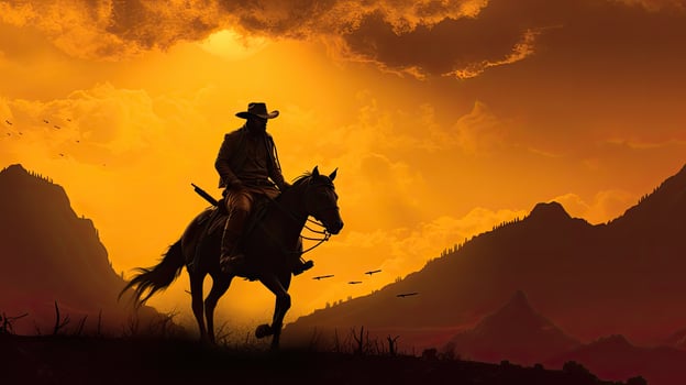 Yellow sky behind a cowboy on a mountain in silhouette photo