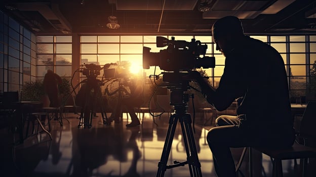 Cameraman operating video equipment indoors silhouette at a meeting room photo