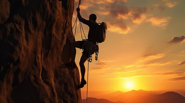 Climber s silhouette against sunset design element photo