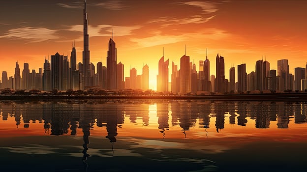 Dubai city buildings profile at sunset in the United Arab Emirates photo