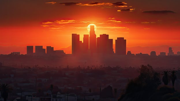 Sunrise silhouette of downtown LA buildings photo