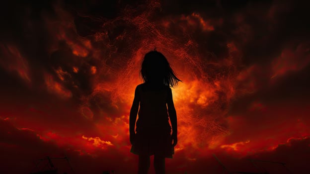 Girl s silhouette against red sky with sunbeam photo