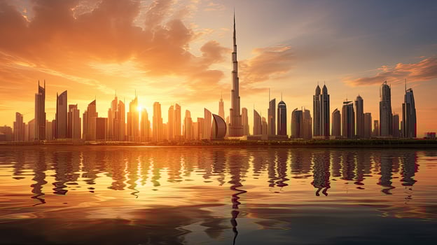 Dubai city buildings profile at sunset in the United Arab Emirates photo
