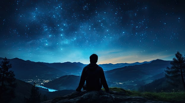 Silhouette of young man sitting on a cliff with starry night sky behind Symbol of purpose and success photo
