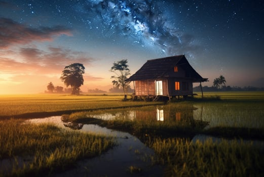 landscape view of a hut in the middle of a rice field with a milky way. long exposure photography. generative ai photo