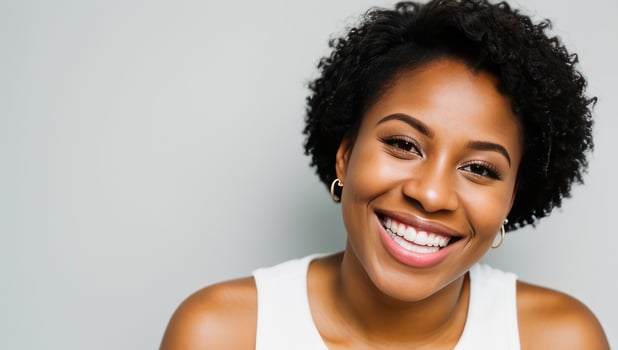 Portrait black skin model woman with white teeth smile, healthy hair and beauty skin on grey background. Generative AI photo