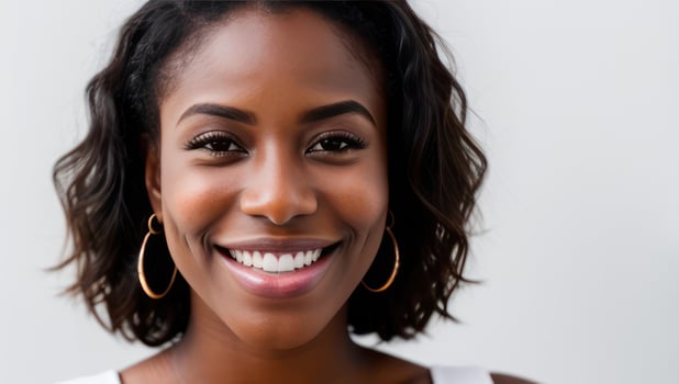 Portrait black skin model woman with white teeth smile, healthy hair and beauty skin on grey background. Generative AI photo