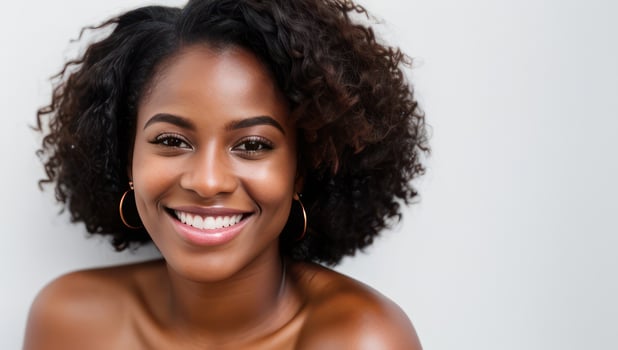 Portrait black skin model woman with white teeth smile, healthy hair and beauty skin on grey background. Generative AI photo