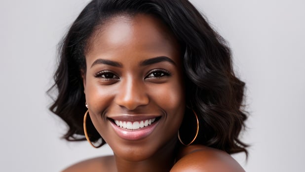 Portrait black skin model woman with white teeth smile, healthy hair and beauty skin on grey background. Generative AI photo