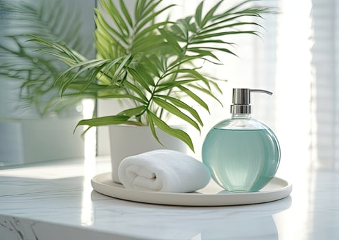 Soap dispenser and spa towel on pastel bathroom window interior. Created with Generative AI technology. photo