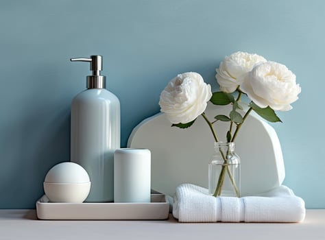 Soft light bathroom decor in mint color, towel, soap dispenser, white roses flowers, accessories on pastel mint background. created with Generative AI technology. photo