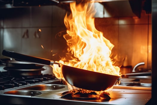 Frying pan kitchen fire. Generate AI photo