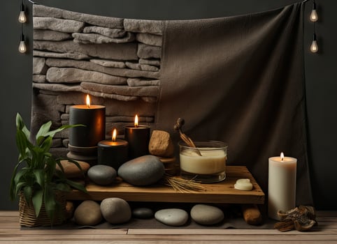 Towel on fern with candles and black hot stone on wooden background. Hot stone massage setting lit by candles. Created with Generative AI technology. photo