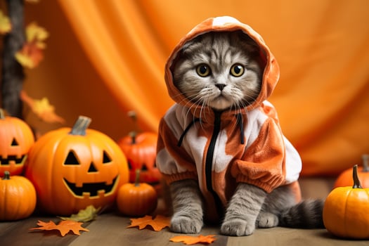 A Scottish Fold cat wearing a Halloween costume photo