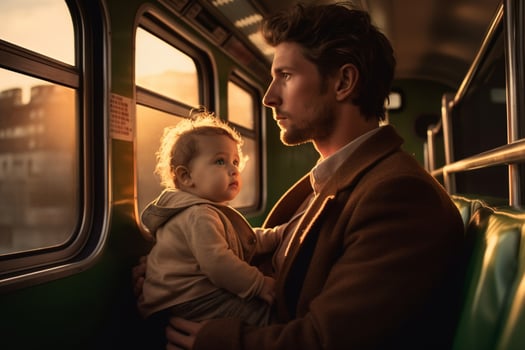 A father and child going on a train ride photo
