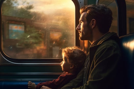 A father and child going on a train ride photo