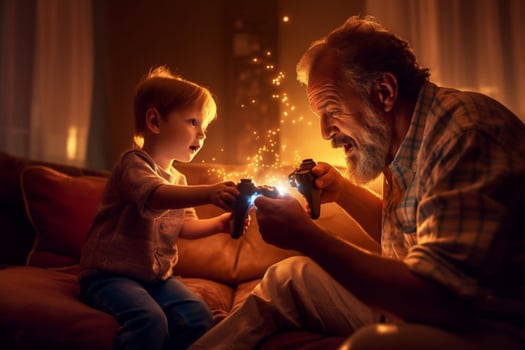 A father and son playing video games together photo