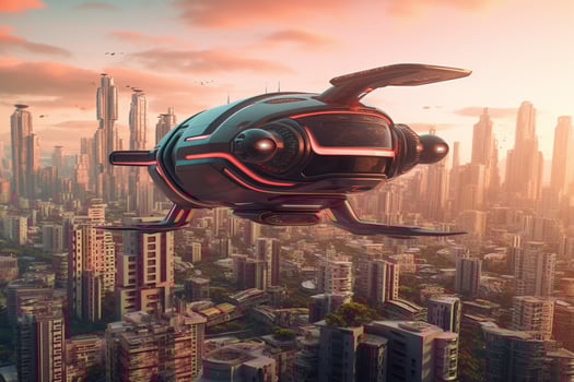 A futuristic cityscape with flying cars photo