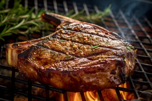A robust T-bone steak seasoned to perfection and ma photo
