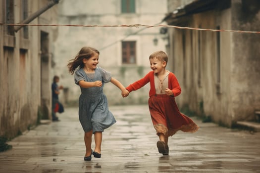 Smiling children holding hands and skipping photo
