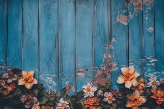 a blue wooden board with flowers on it photo