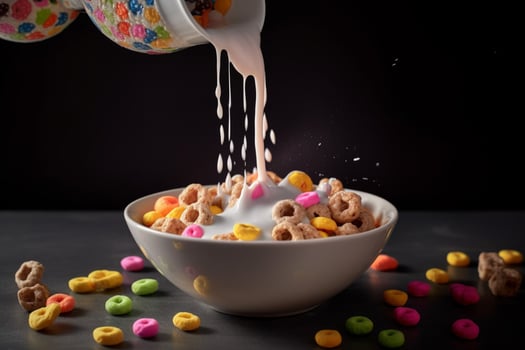 a bowl of cereal being poured into a bowl with mi photo