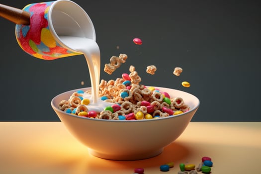 a bowl of cereal is being poured into a bowl with photo