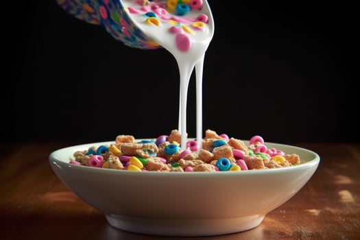 a bowl of cereal is being poured into a bowl with photo