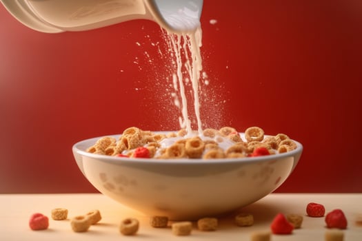 a bowl of cereal is being poured into a bowl with photo