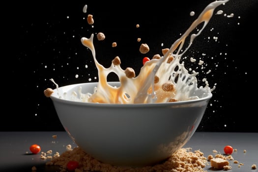 a bowl of cereal with milk and a splash of milk photo