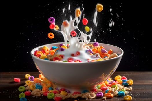 a bowl of cereal with milk and a splash of milk photo