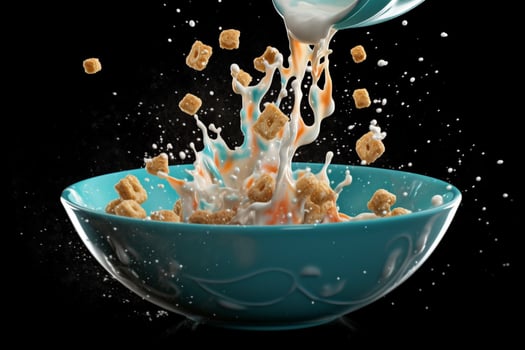 a bowl of cereal with milk and a splash of milk photo