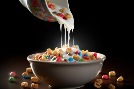 a bowl of cereal with milk pouring into it photo