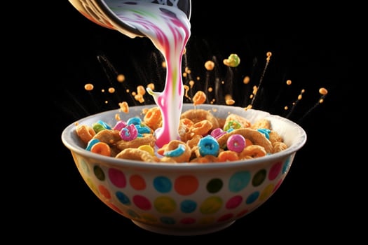a bowl of cereal with milk pouring into it photo