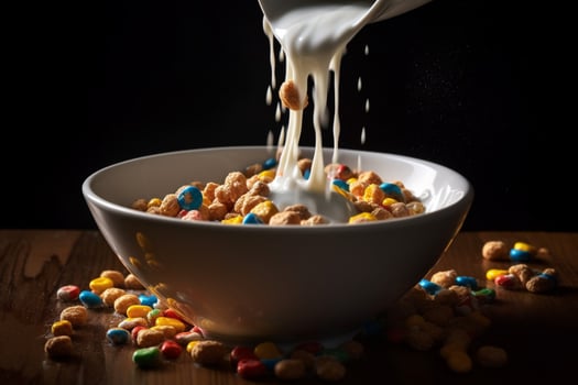 a bowl of cereal with milk pouring into it photo