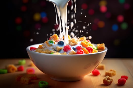 a bowl of cereal with milk pouring into it photo