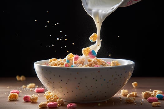 a bowl of cereal with milk pouring into it photo