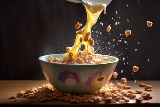 a bowl of cereal with milk pouring into it photo