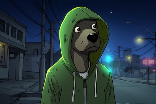 a cartoon dog with a green hoodie and a green hoo photo