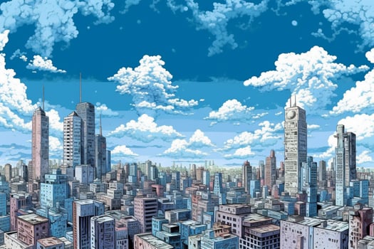 a city with a blue sky and a few skyscrapers photo