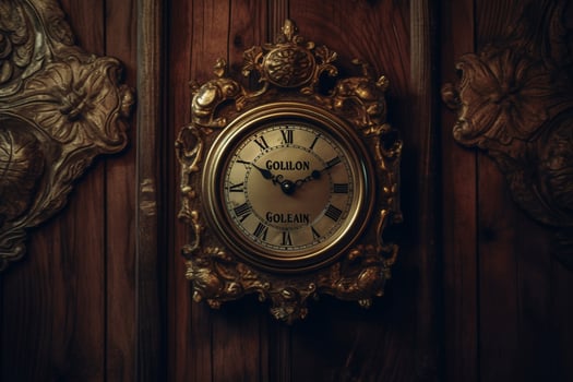 a frame on a dark wood wall with a clock and the photo