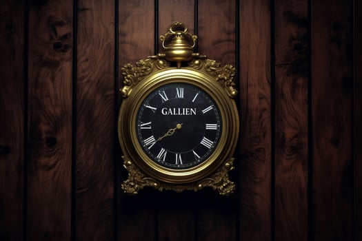 a frame on a dark wood wall with a clock and the photo