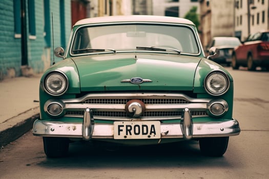 a green car with a license plate that saysfordon photo