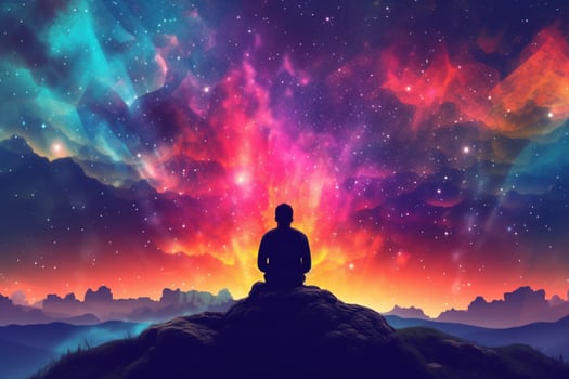 a man meditating in front of a colorful sky photo