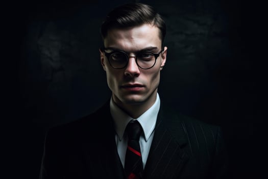 a man in a suit and glasses looks at the camera photo
