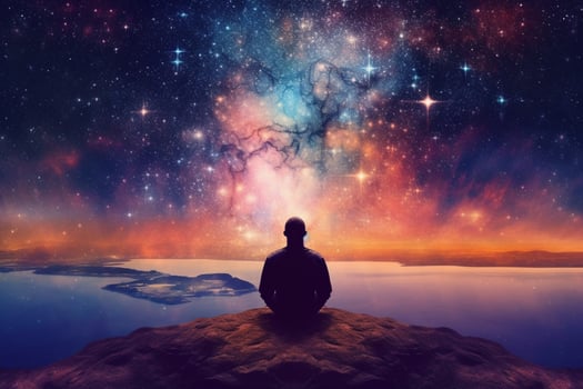 a man meditating in front of a colorful sky photo