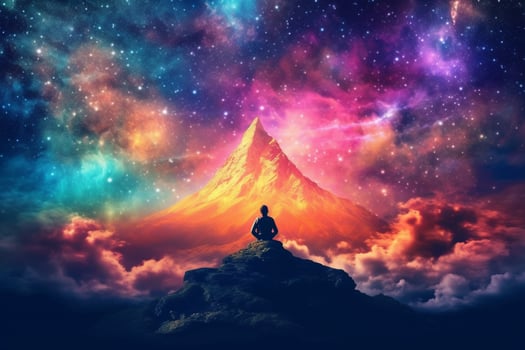 a man meditating in front of a colorful sky photo